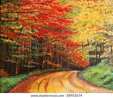 Colorful original oil painting showing a road forest