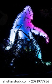 Colorful Outdoor Christmas Holiday Light Display In Pacific Northwest Of A Sasquatch Bigfoot.