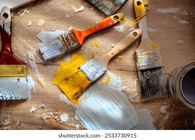 Colorful paintbrushes on a wooden surface, splattered with vibrant paint. Brushes and paint create a lively, artistic scene. Paintbrushes and paint photography on wooden table. - Powered by Shutterstock