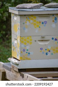 Colorful Painted Bee Hive Structure Where Honey Bees Live. Hive Is A Colony In A Natural Or Man Made Structure To House A Honey Bee Nest Where Bees Store In Honeycombs. Bees Used For Pollination.