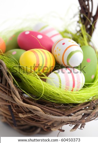 Colorful Painted Easter Eggs Brown Basket Stock Photo (Edit Now ...