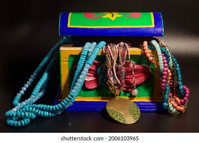 Colorful Painted Wood Jewelry Box With Costume Jewelry