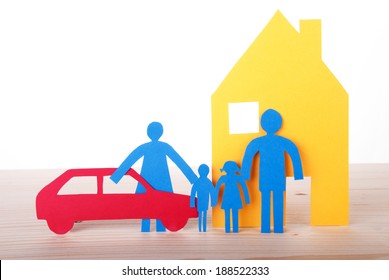 Colorful Paper Chain Family With Car And House, Isolated