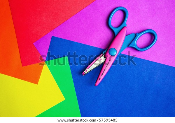 Buntes Papier Mit Kinderschere Stockfoto Jetzt Bearbeiten 57593485