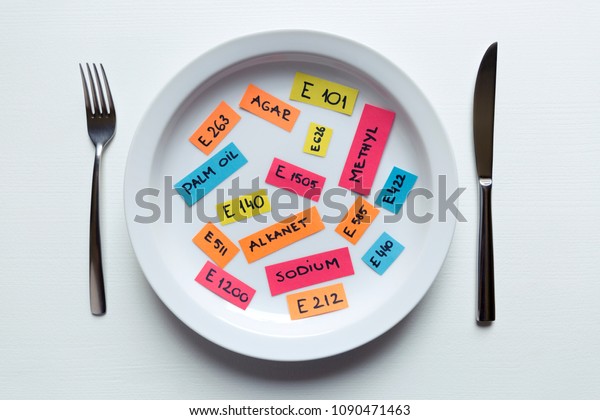 Colorful paper\
notes naming food additives on plate with fork and knife, food\
additive and unhealthy food\
concept.