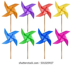 Colorful paper windmill pinwheels isolated on white