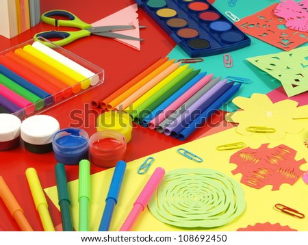 Colorful paper-cut in children's workshop,office equipment