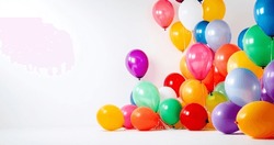 Colorful Party Balloons On White Background. Festive Party And Happy Birthday Decoration With Copy Space. Set Of Multicolored Balloons Space For Text
