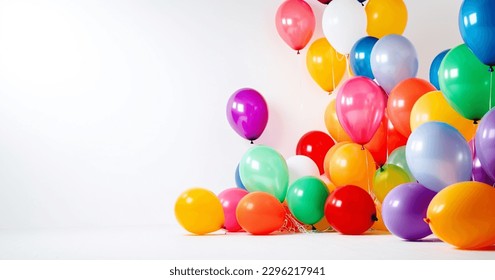 colorful party balloons on white background. Festive party and Happy birthday decoration with copy space. set of multicolored balloons space for text