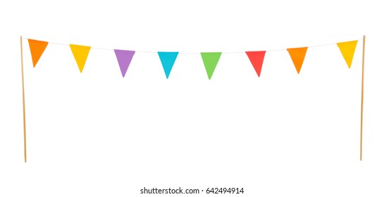 Colorful Party Flags On A Line Made Of Paper Isolated On White Background