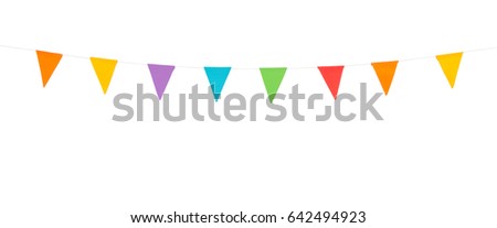 colorful party flags on a line made of paper isolated on white background