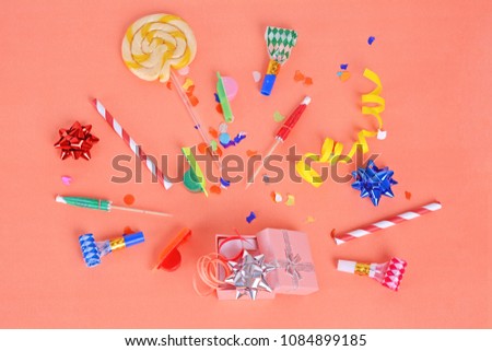 Similar – Image, Stock Photo Red gift box with party confetti. Celebration concept