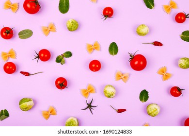 Colorful Pasta Ingredients Pattern Made Of Cherry Tomatoes, Brussel Sprout, Farfalle And Pepper On Pink Background. Cooking Concept.