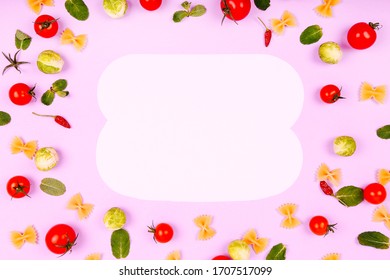 Colorful Pasta Ingredients Pattern Made Of Cherry Tomatoes, Brussel Sprout, Farfalle And Pepper On Pink Background. Cooking Concept.