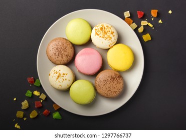 Colorful Pastel Cake Macaron Or Macaroon On Plate.