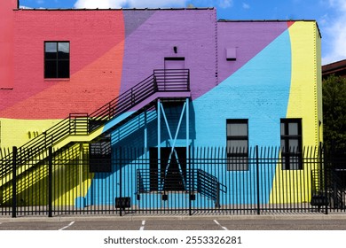 Colorful pastel colors painted on an old brick warehouse building. Metal stairs and windows on the exterior of an arts building. Vibrant eye catching colors coat a stone exterior in the city - Powered by Shutterstock