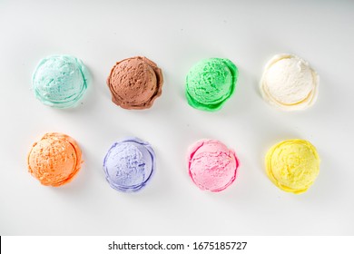 Colorful Pastel Ice Cream With Waffle Cones, White Background, Copy Space Top View