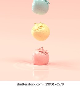Colorful pastel strawberry falling down in to the pink water. Minimal concept. 3d illustrations. - Shutterstock ID 1390176578