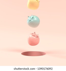 Colorful pastel strawberry falling in to the hole on pink backdrop. Minimal concept. 3d rendering. - Shutterstock ID 1390176092