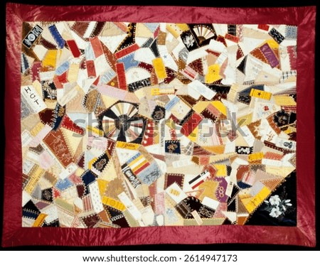 Colorful patchwork quilt with intricate patterns. Quilt features vibrant colors, diverse shapes, and unique designs. Quilt art showcases creativity and craftsmanship. Vintage pattern art illustration.