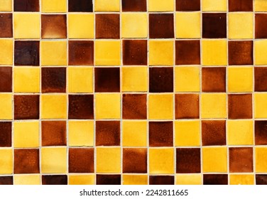 Colorful pattern ceramics for exteriors, patios and terraces. Decorative bottom of ocher and brown square tiles. Checkerboard composition.  - Shutterstock ID 2242811665