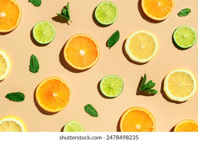 Colorful pattern of citrus fruit slices and mint leaves on pastel orange background, top view. Creative layout of orange, lemon, lime and mint leaves, summer concept. - Powered by Shutterstock