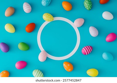 Colorful pattern composition made of various colored Easter eggs on light blue background with copy space. Minimal Easter concept. Creative festive spring holiday layout. Flat lay, top of view.