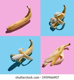 Colorful Pattern Of Fresh Yellow Bananas On Pink Yellow Blue Background. Tropical Abstract Background.Banana, Banana Peel Pattern.