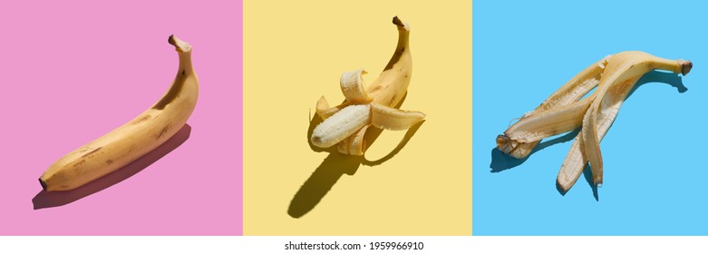 Colorful Pattern Of Fresh Yellow Bananas On Pink Yellow Blue Background. Tropical Abstract Background.Banana, Banana Peel Pattern.