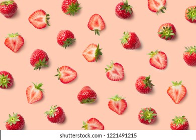 Colorful pattern of strawberries on pink background. Top view - Shutterstock ID 1221491215