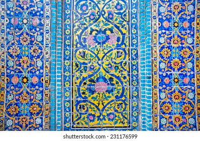 Colorful Patterned Wall With Tiles Of Historical Persian Building In Iran