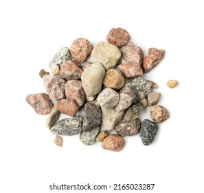 Colorful Pebbles Pile Isolated. River Stones Group, Basalt Pieces Heap on White Background Top View