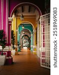 Colorful pedestrian road path tunnel beside the road in George Town, Penang, Malaysia