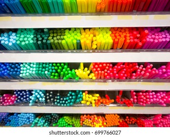 Colorful Of The Pen On The Shelf At Stationary Store