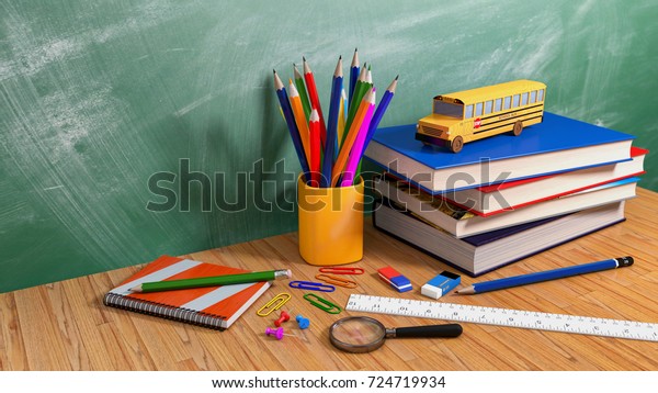 \
colorful\
pencils in a cup, books, erases,ruler, magnifier,push pin, paper\
clips, notebook and school bus car toy on wood table or desk with\
chalkboard background , back to school\
concept