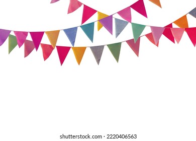 Colorful pennant chain isolated on white background. Carnival garland with flags. Festive background. - Shutterstock ID 2220406563