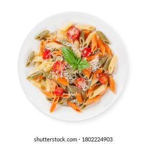 Colorful Penne Pasta With Tomatoes And Basil. Top View Flat Lay Isolated On White