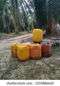 Colorful Pesticide Containers Left At The Oil Palm Estate. 