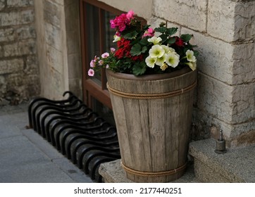 Colorful petunia and geranium flowers in wooden vintage planters at the entrance to the building. Street urban gardening with colorful flowering plants in a flower pot.