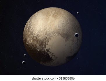 Colorful picture represents Pluto and its moons. Elements of this image furnished by NASA.