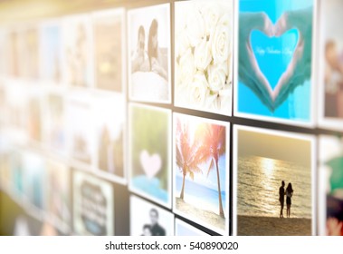Colorful pictures of husband wife or boyfriend girlfriend magnets on the black board or wall. Photo of happy couple enjoy vacation times with good memories, Valentines day Concept. Focus on palm tree.
