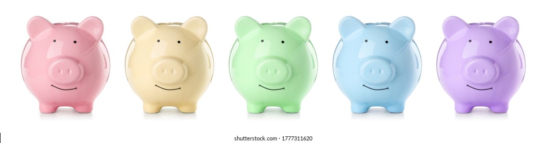 Colorful piggy banks on white background - Shutterstock ID 1777311620