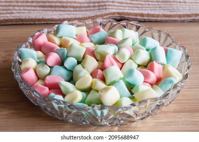 Colorful Pillow Mints Made From Scratch At Home; Homemade Butter Mints In Pastel Colors In A Glass Serving Dish