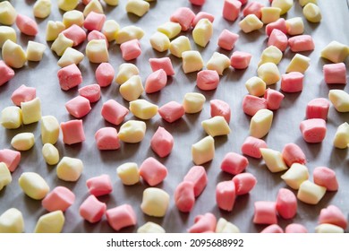 Colorful Pillow Mints Made From Scratch At Home; Butter Mints Spread Out On A Pan