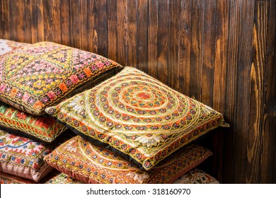 Colorful pillows at the market in India