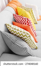 Colorful Pillows On Sofa Close Up