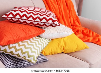 Colorful Pillows On Sofa Close Up