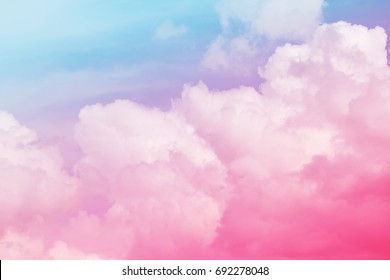 Colorful Pink,blue Sky And Soft Clouds For Background And Postcard.Abstract And Pastel Color.
