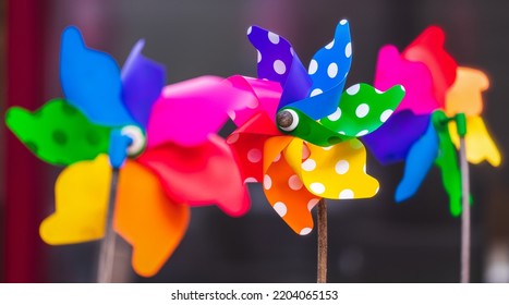 Colorful Pinwheel Toys In A Garden