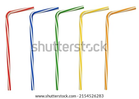 colorful plastic bendable drinking straws isolated on white background. red, blue, green, yellow and orange drinking straw. Flexible straws on white with clipping path.